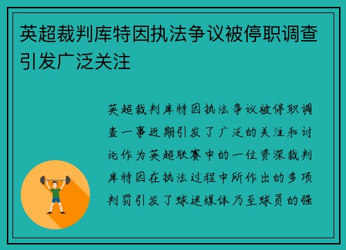 英超裁判库特因执法争议被停职调查引发广泛关注